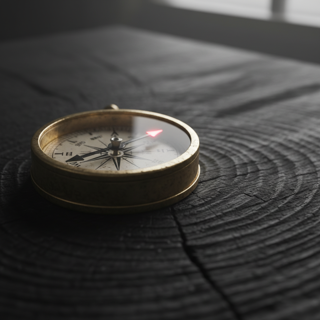 Cinematic macro of an antique brass nautical compass on dark Norwegian birchwood, its needle pointing north with a glowing red ember tip — representing the directional shift between Google.no and Google.com