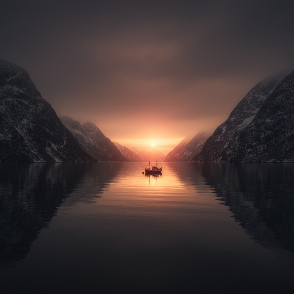 Cinematic Norwegian fjord landscape at midnight sun, calm water reflecting snow-capped mountains, a tiny fishing skiff catching a glimmer of red from the low sun — representing how to rank in Norway