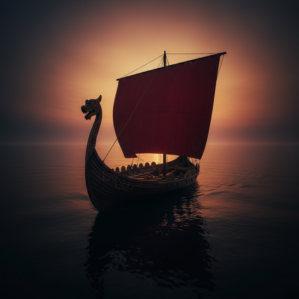 Cinematic Norwegian Viking longship at sea at dusk, polished dark wooden hull with ornate carved dragon-head prow, single broad red sail catching the wind on calm dark water — representing earning Norwegian backlinks