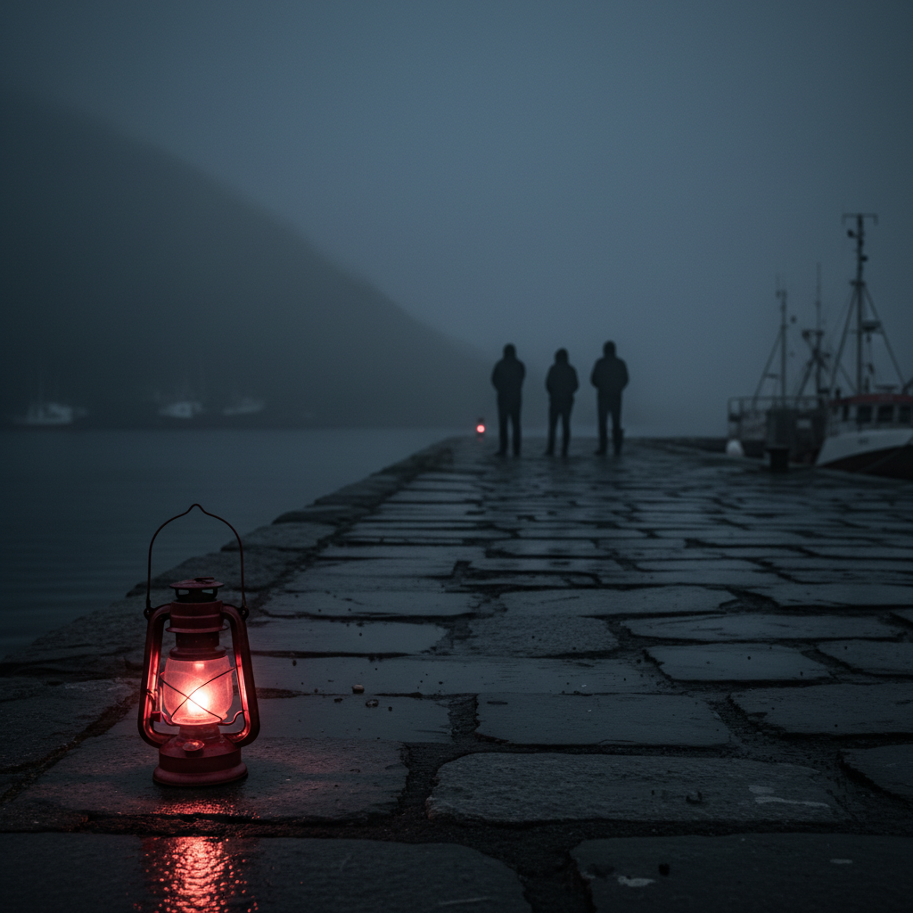 Cinematic moody Norwegian coastal harbor at dusk in heavy fog with three silhouetted figures on a stone pier looking out at the dark fjord, a red lantern casting warm glow on wet stone — representing Norwegian consumer search behavior