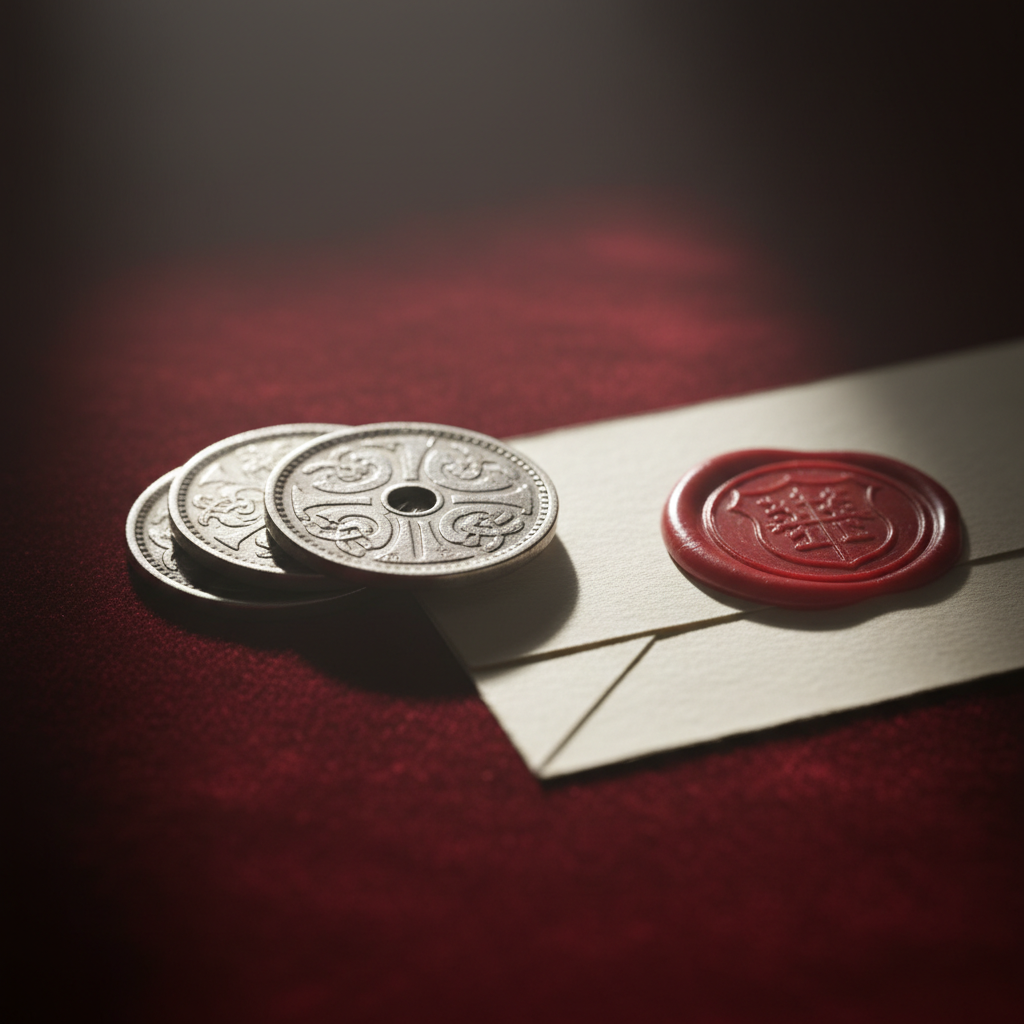 Cinematic macro of antique Norwegian silver coins stacked on rich red velvet with a folded ivory paper sealed by red wax beside — representing Norwegian SEO agency pricing