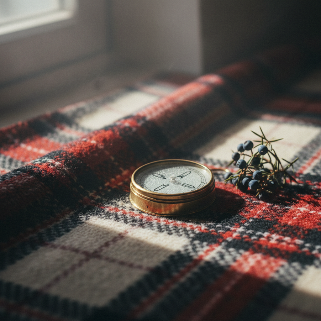 Cinematic antique brass nautical compass resting on a folded Norwegian-pattern wool tartan blanket of cream and deep red, with a sprig of juniper berries beside — representing hiring a Norwegian SEO consultant