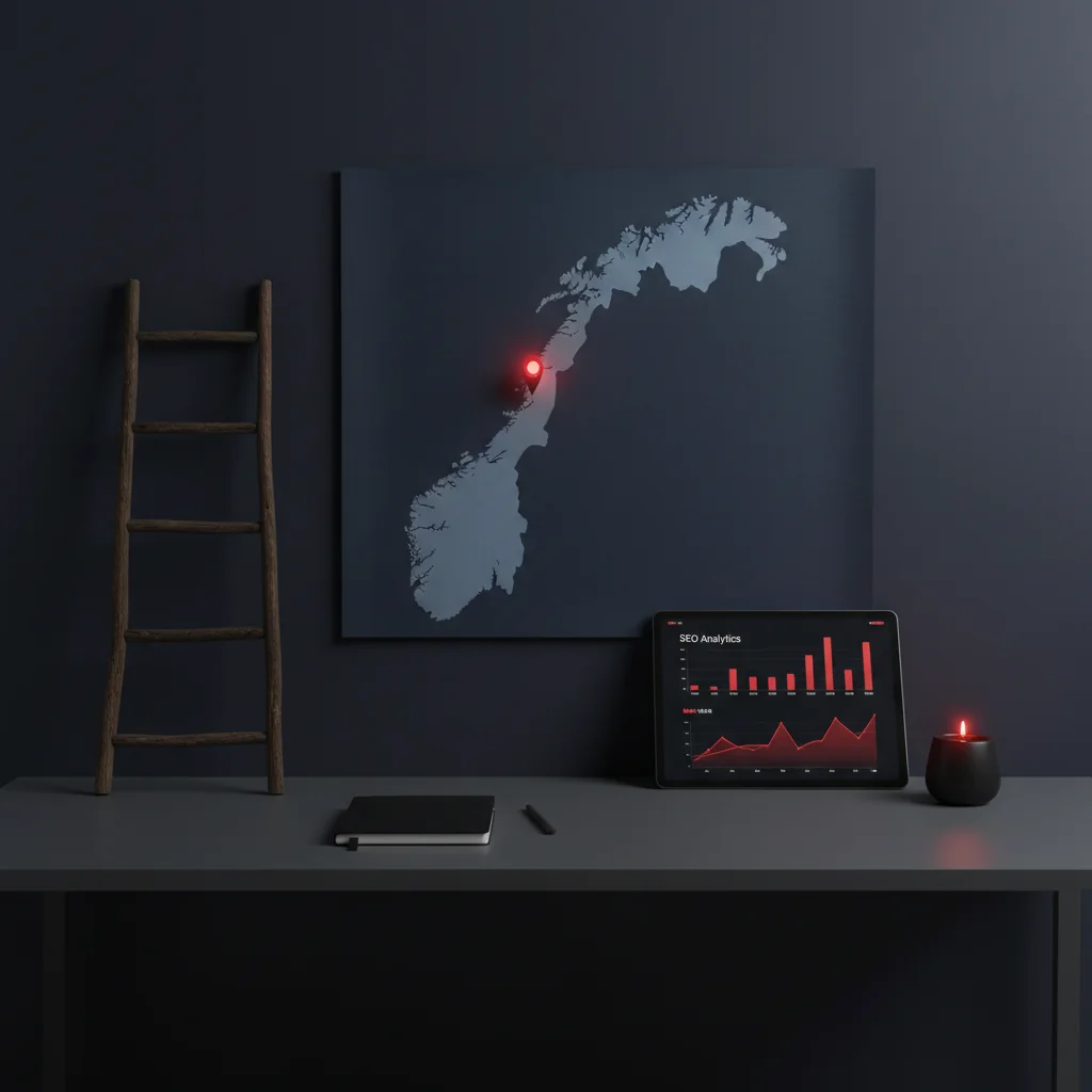 NorseRank illustration: Norwegian map with ranking ladder and SEO analytics — a practical guide to ranking in Norway — norserank.com