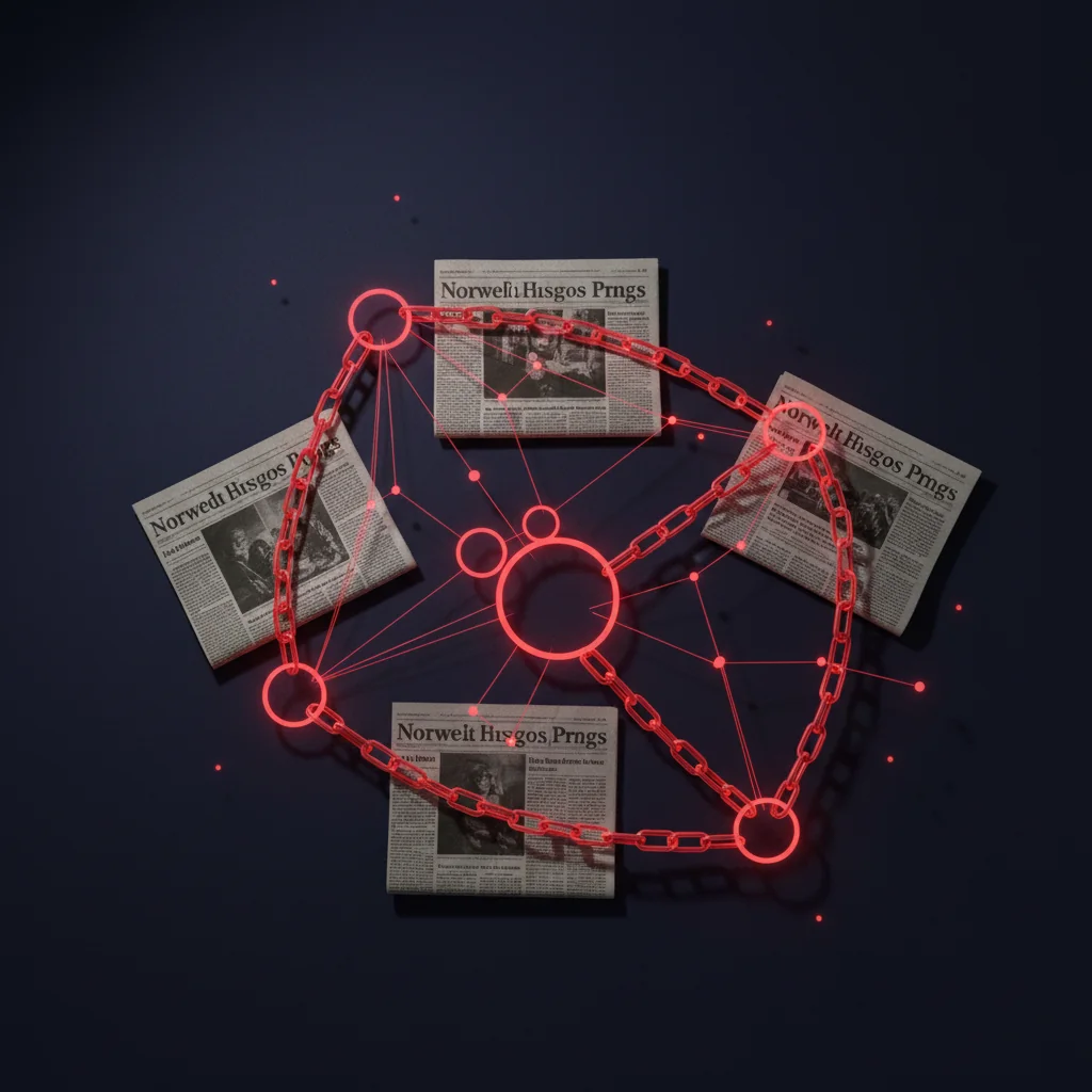 NorseRank illustration: link chain connecting Norwegian newspapers and network diagram — earning Norwegian backlinks — norserank.com