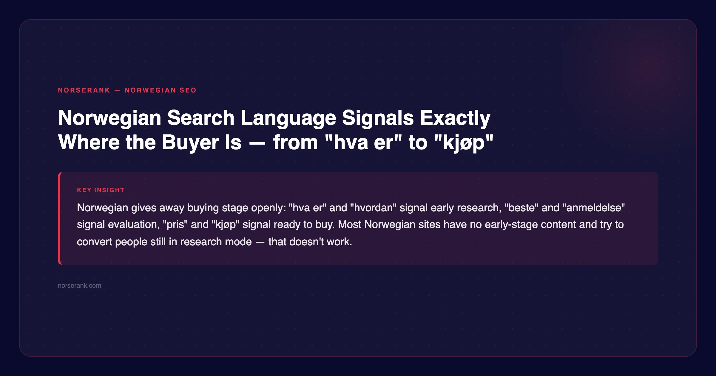 NorseRank tip: Norwegian search language signals exactly where the buyer is in the journey — from "hva er" to "kjøp" — norserank.com
